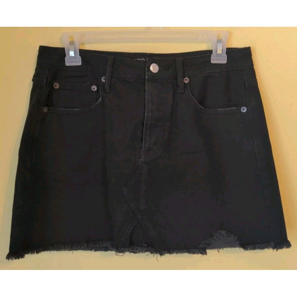 American Eagle  Womens Black Distressed Denim Button Fly Frayed Hem Mini Skirt 6